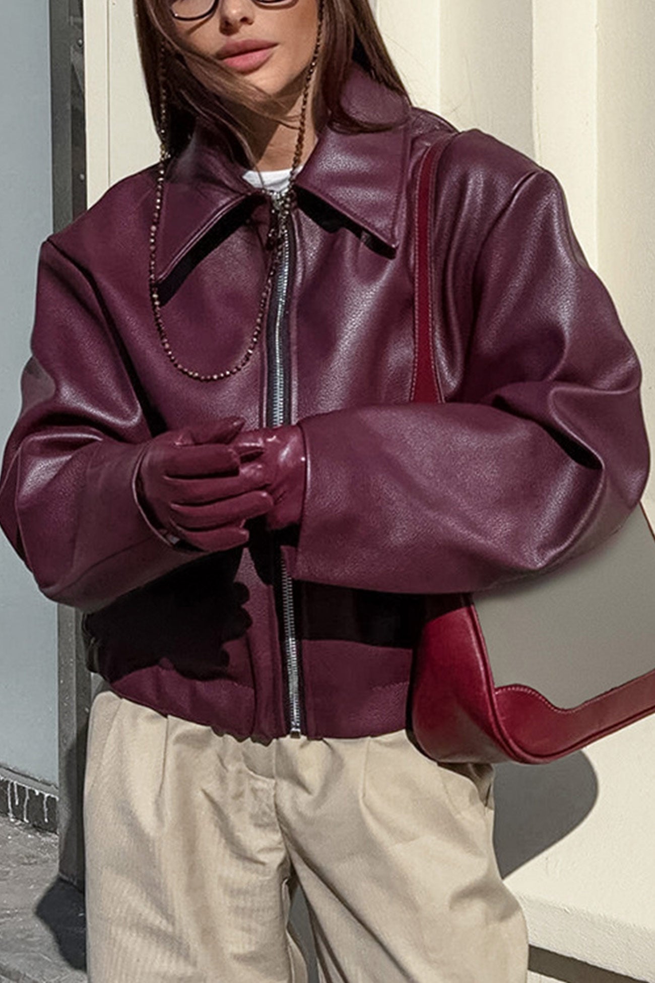 Sleek Burgundy Faux Leather Zip Jacket