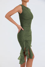 Elegant Olive Green Ruffle Midi Dress