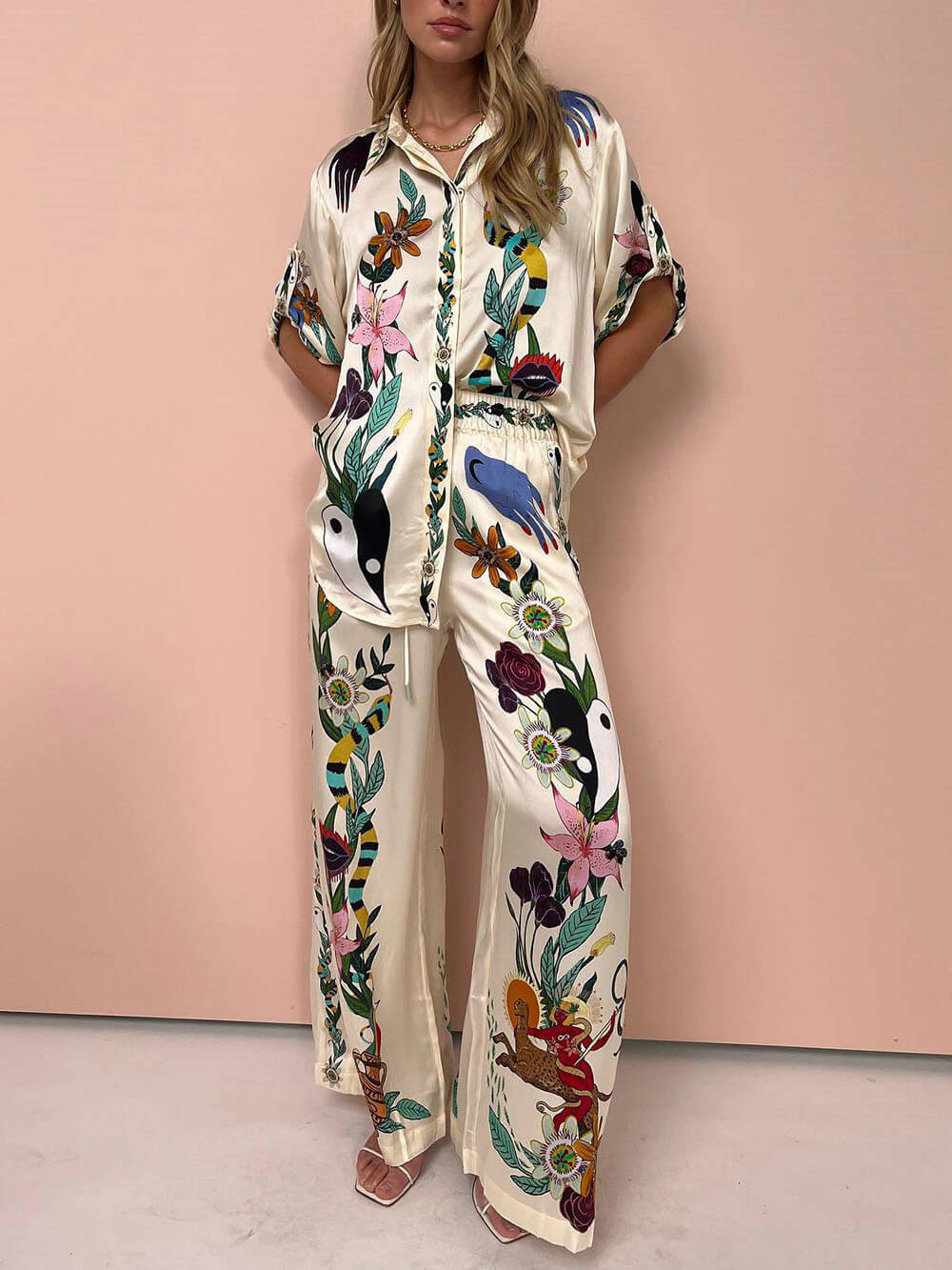 Chic Satin Printed Button Down Blouse