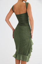 Elegant Olive Green Ruffle Midi Dress