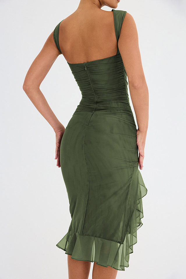 Elegant Olive Green Ruffle Midi Dress