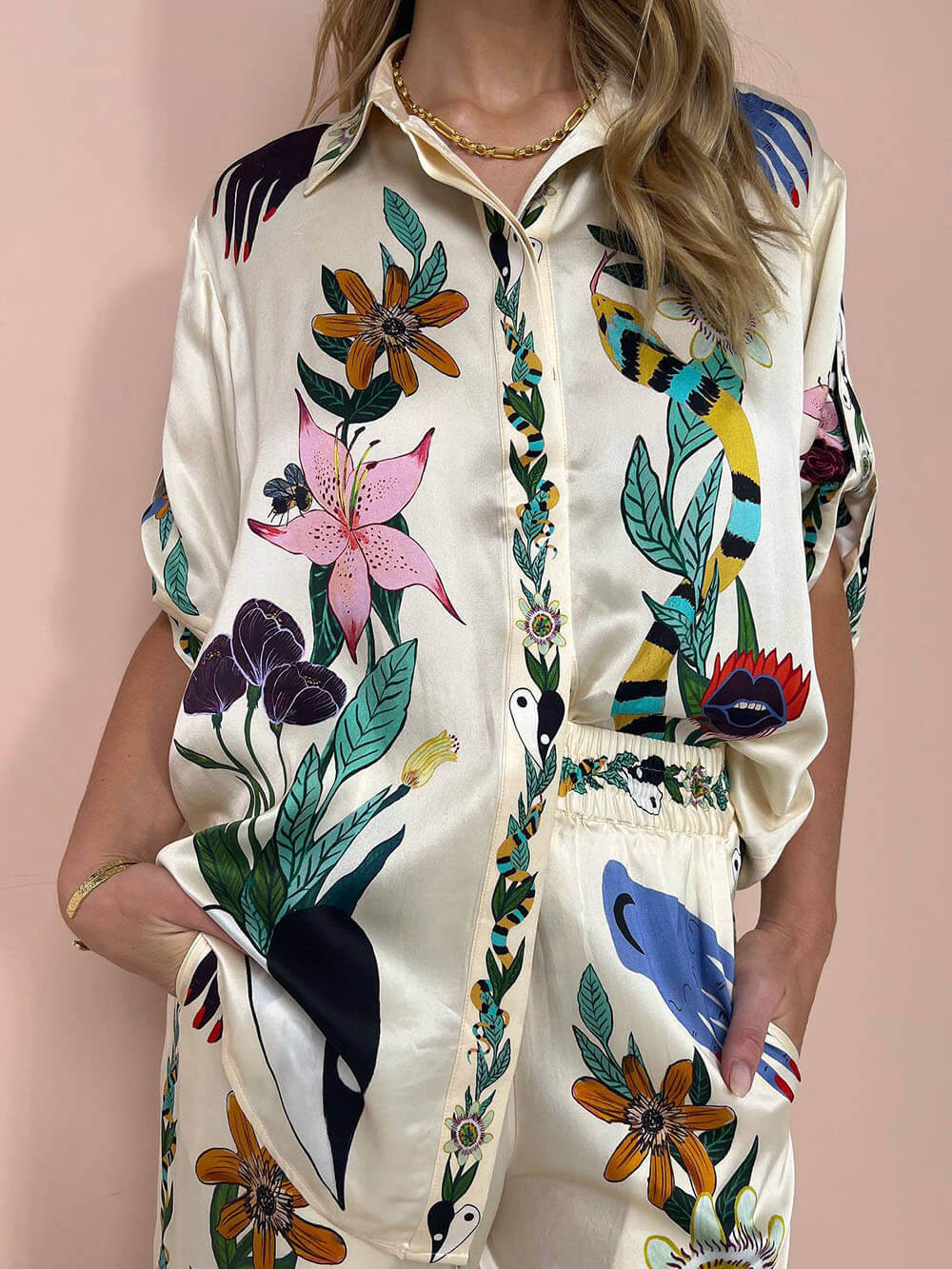 Chic Satin Printed Button Down Blouse