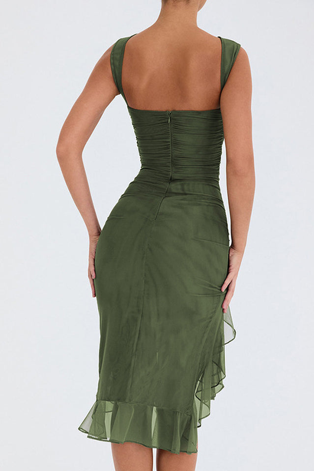 Elegant Olive Green Ruffle Midi Dress