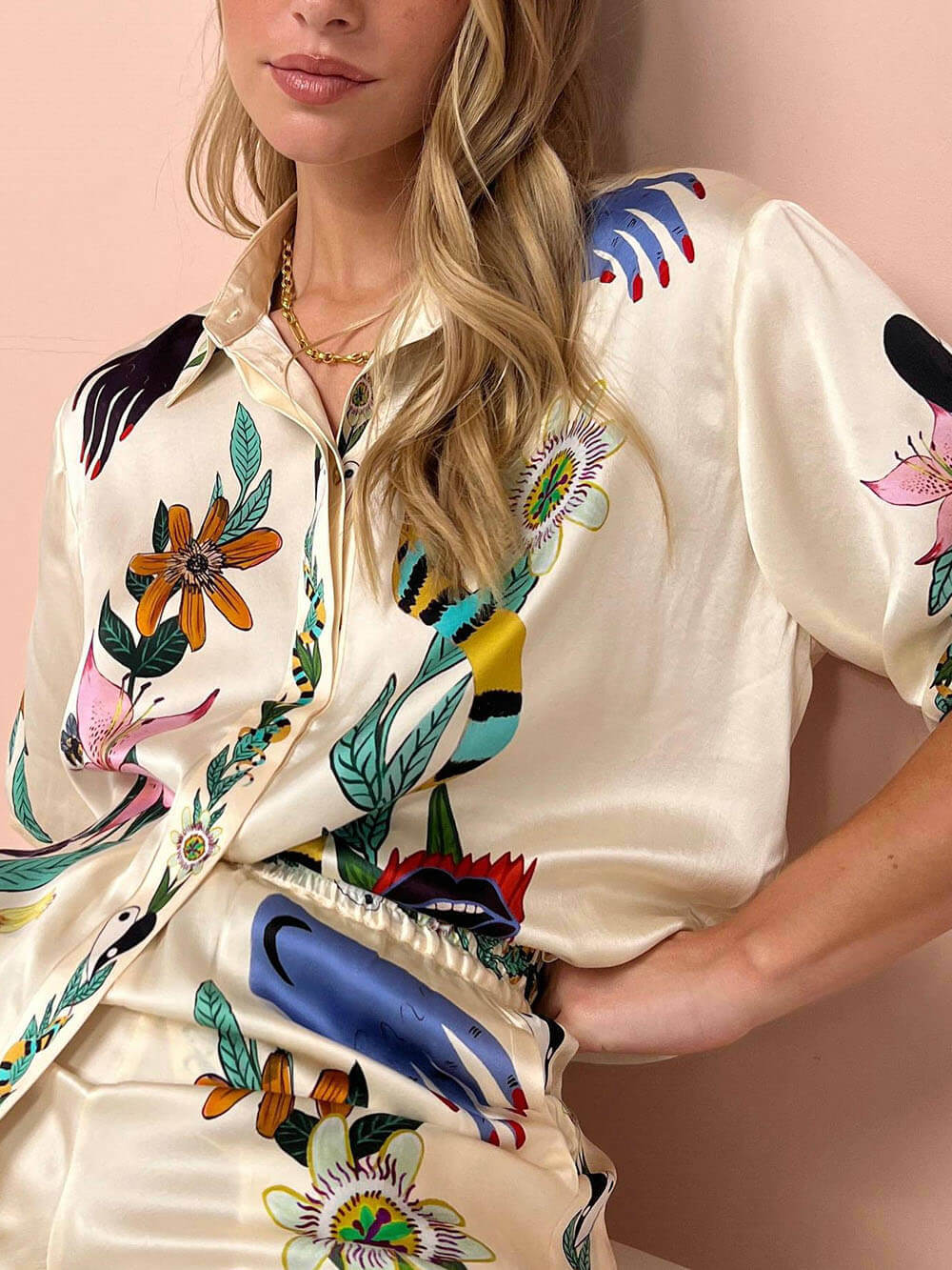 Chic Satin Printed Button Down Blouse