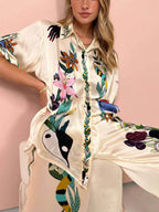 Chic Satin Printed Button Down Blouse