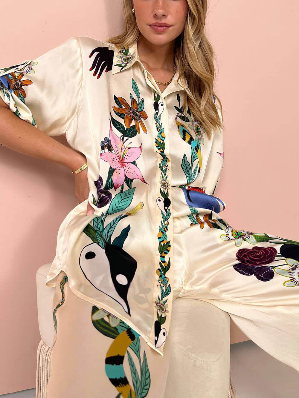 Chic Satin Printed Button Down Blouse