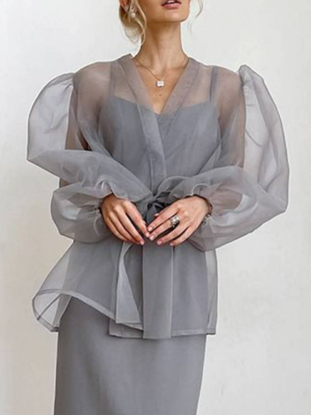 Sheer V Neck Puff Sleeve Bow Blouse