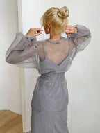 Sheer V Neck Puff Sleeve Bow Blouse