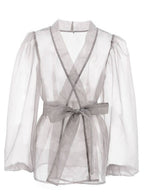 Sheer V Neck Puff Sleeve Bow Blouse