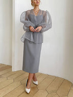 Sheer V Neck Puff Sleeve Bow Blouse