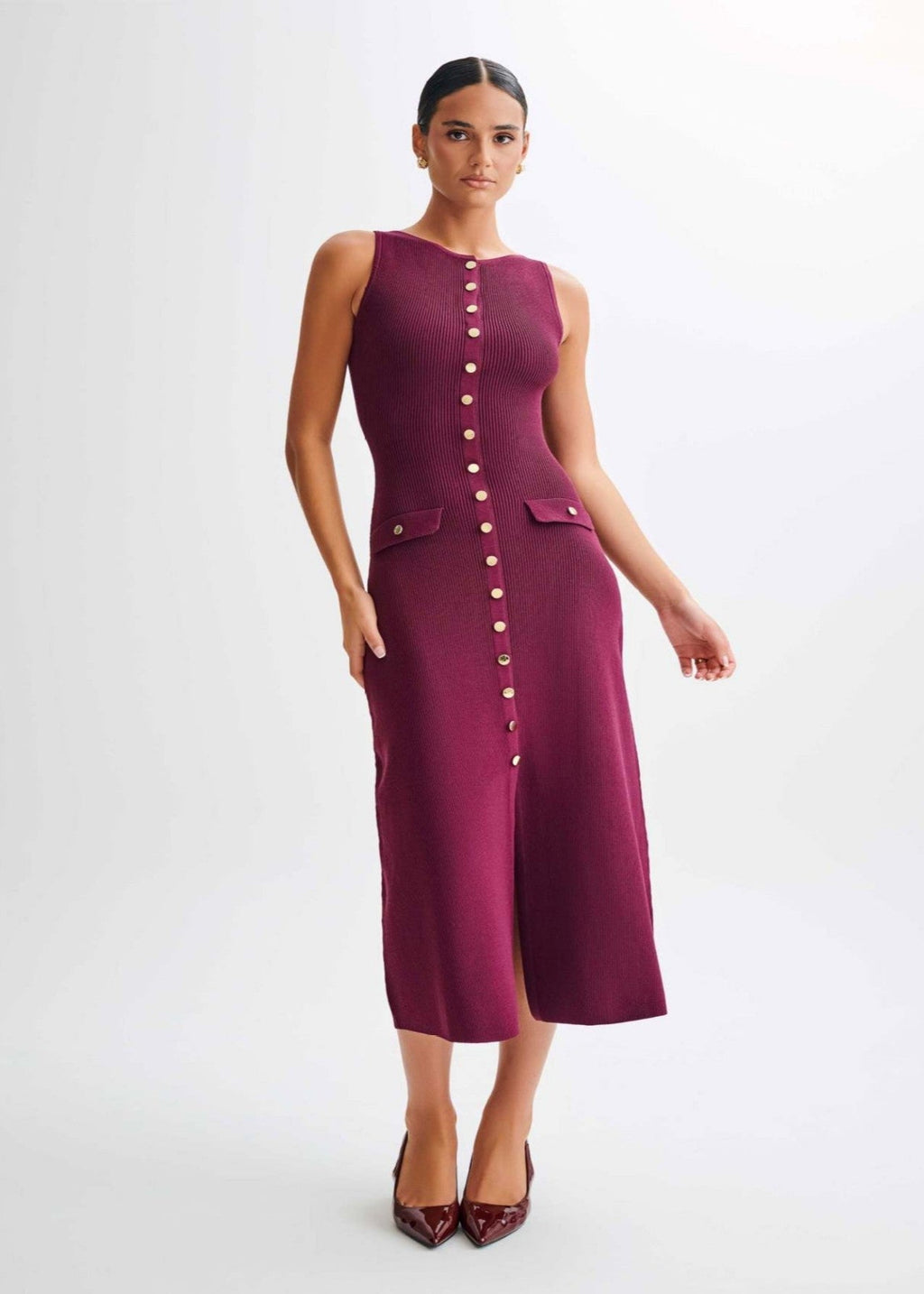 Chic Ribbed Knit Button Midi Dress