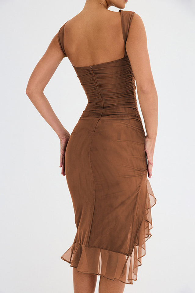 Elegant Olive Green Ruffle Midi Dress