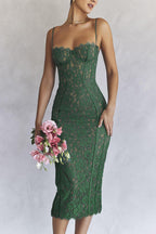 Elegant Forest Green Lace Midi Dress
