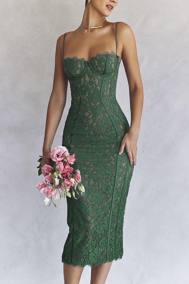 Elegant Forest Green Lace Midi Dress