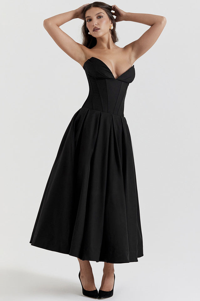 Chic Black Strapless Midi Dress