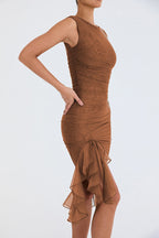 Elegant Olive Green Ruffle Midi Dress