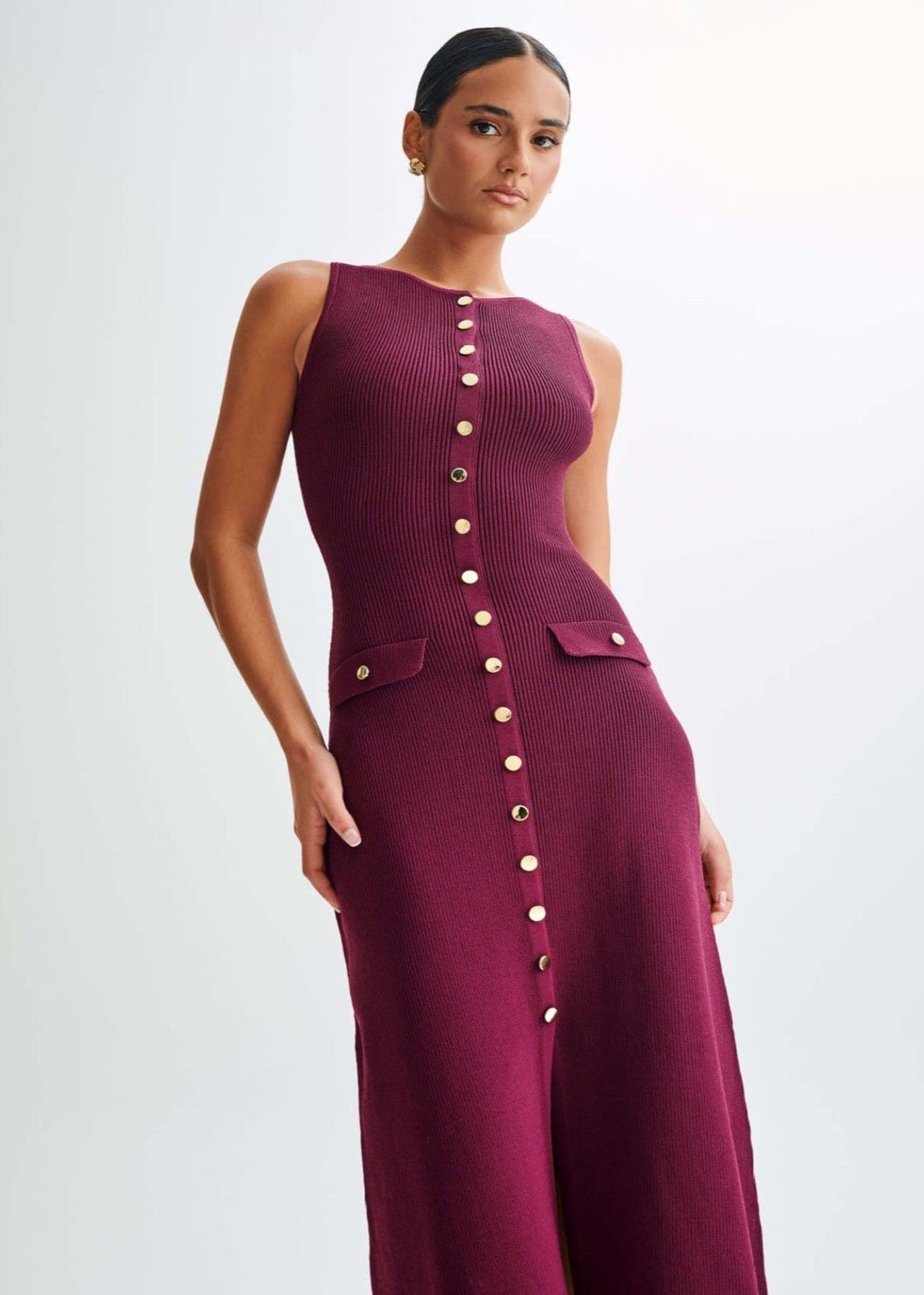 Chic Ribbed Knit Button Midi Dress