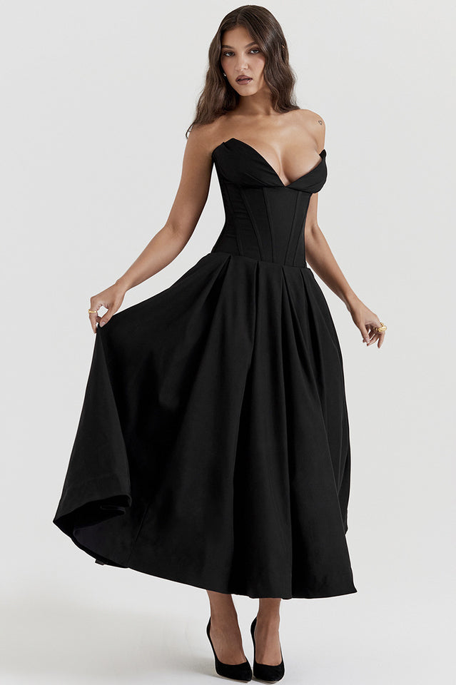 Chic Black Strapless Midi Dress