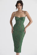 Elegant Forest Green Lace Midi Dress