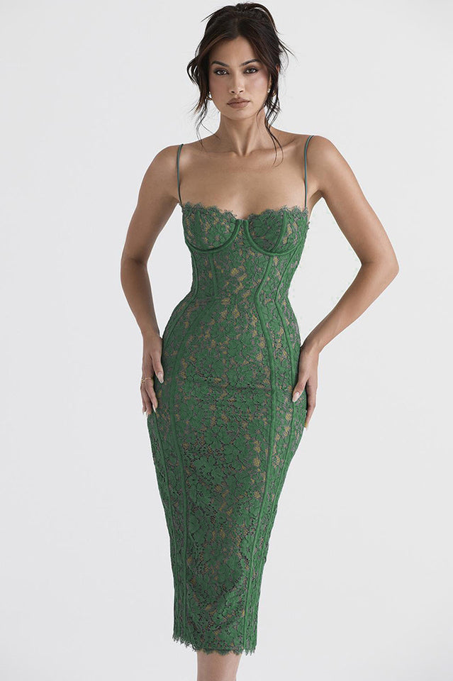 Elegant Forest Green Lace Midi Dress
