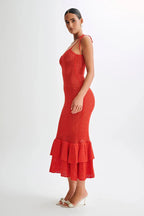 Elegant Red Knit Mermaid Midi Dress