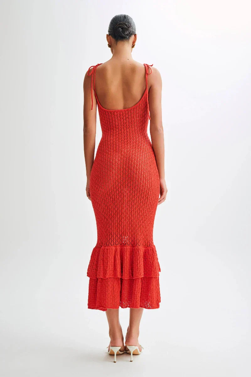 Elegant Red Knit Mermaid Midi Dress