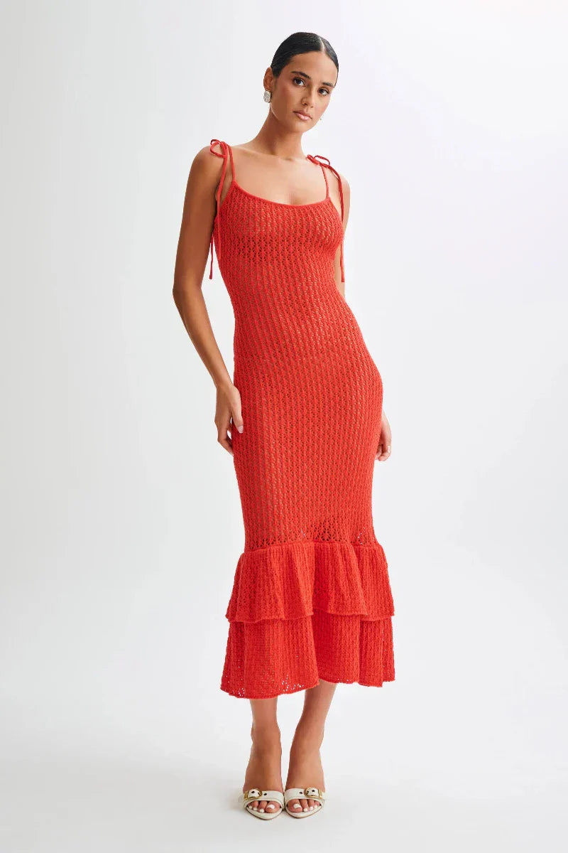 Elegant Red Knit Mermaid Midi Dress