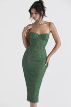 Elegant Forest Green Lace Midi Dress