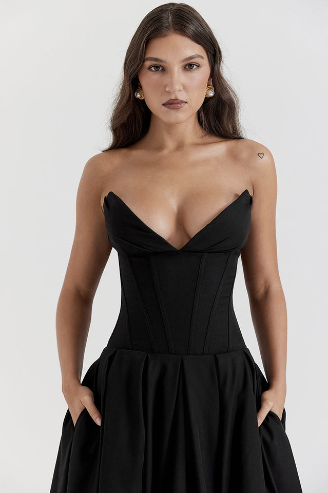 Chic Black Strapless Midi Dress