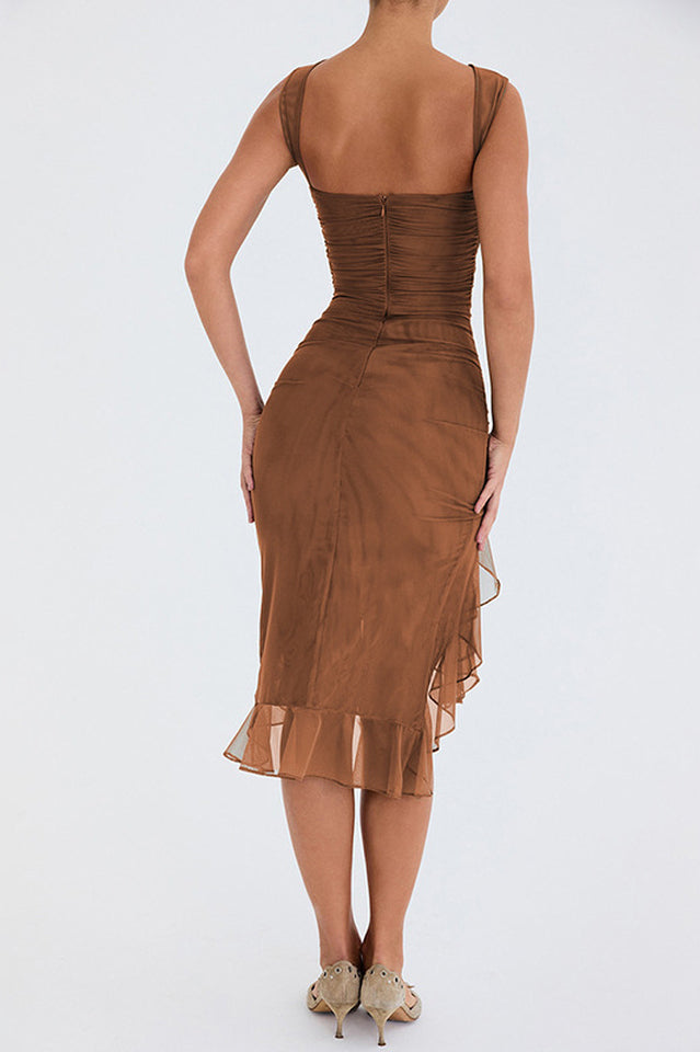 Elegant Olive Green Ruffle Midi Dress