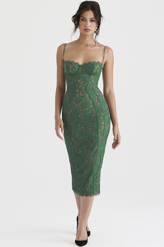 Elegant Forest Green Lace Midi Dress