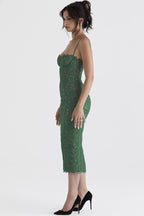 Elegant Forest Green Lace Midi Dress