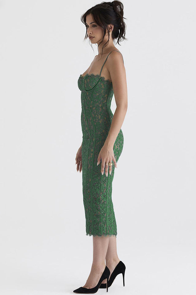 Elegant Forest Green Lace Midi Dress