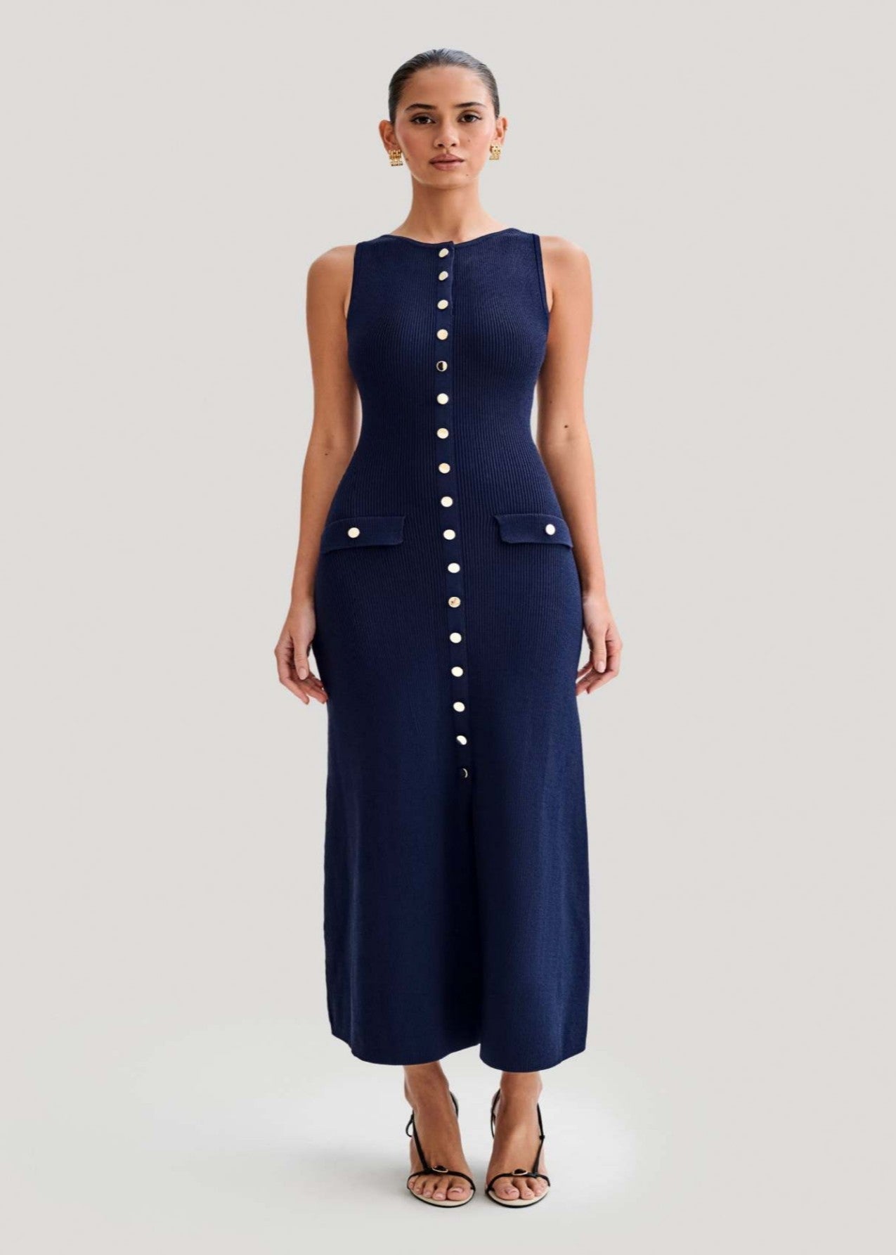 Chic Ribbed Knit Button Midi Dress