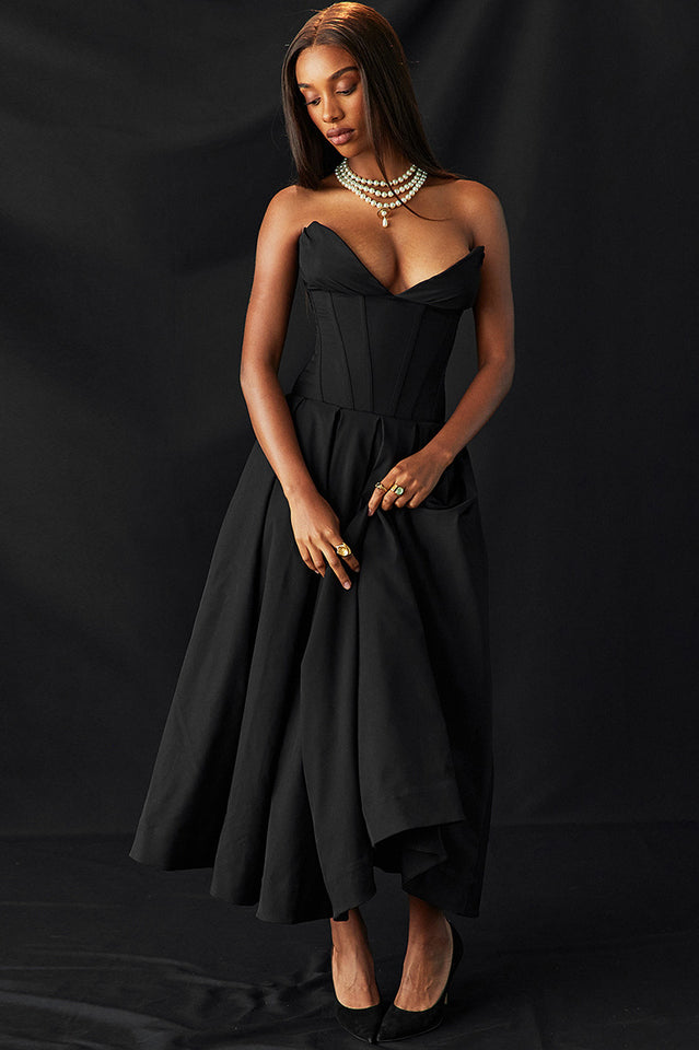 Chic Black Strapless Midi Dress