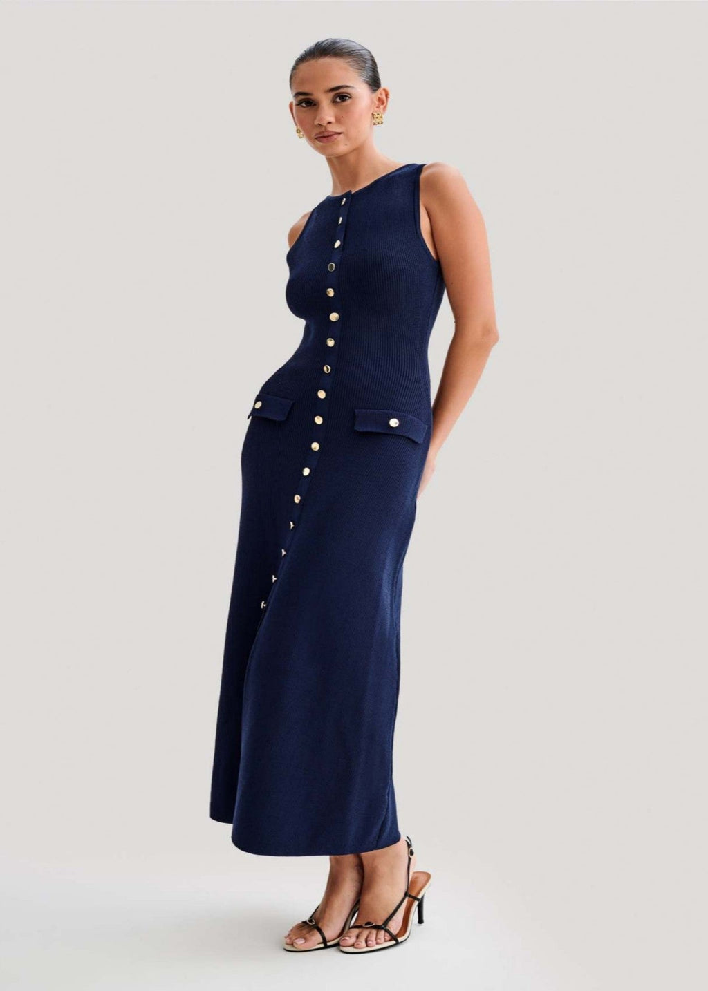 Chic Ribbed Knit Button Midi Dress