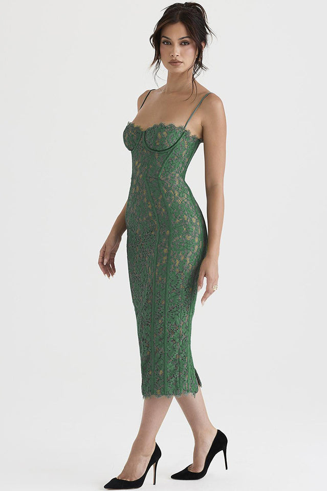 Elegant Forest Green Lace Midi Dress