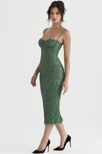 Elegant Forest Green Lace Midi Dress