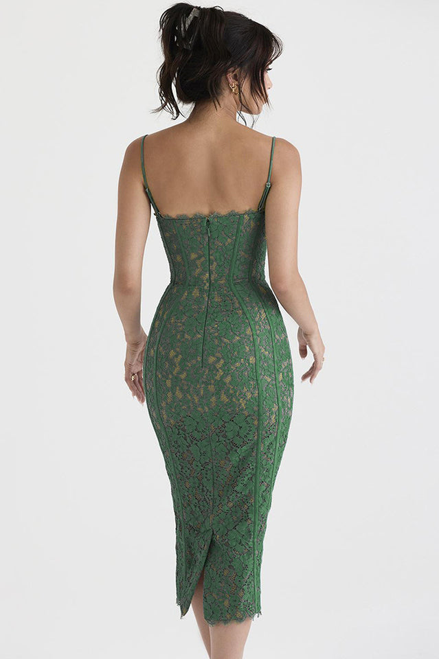 Elegant Forest Green Lace Midi Dress