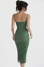 Elegant Forest Green Lace Midi Dress