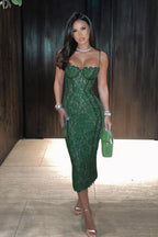 Elegant Forest Green Lace Midi Dress