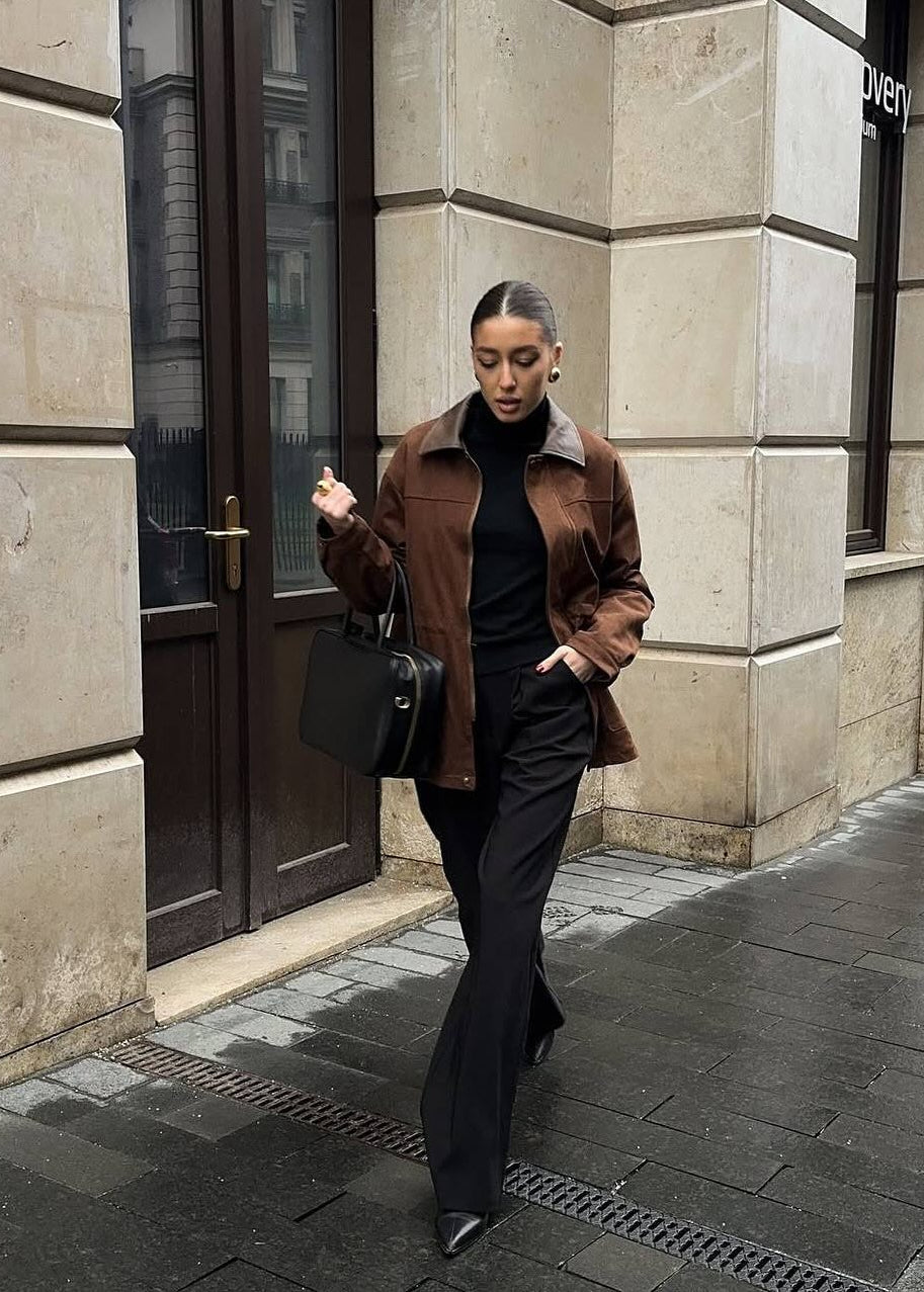 Contrast Collar Oversized Suede Jacket
