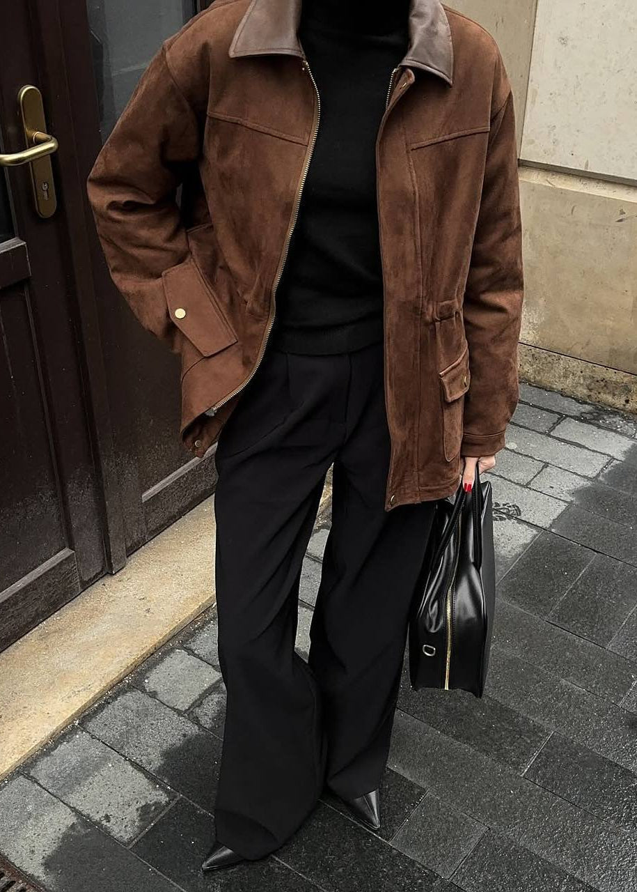 Contrast Collar Oversized Suede Jacket