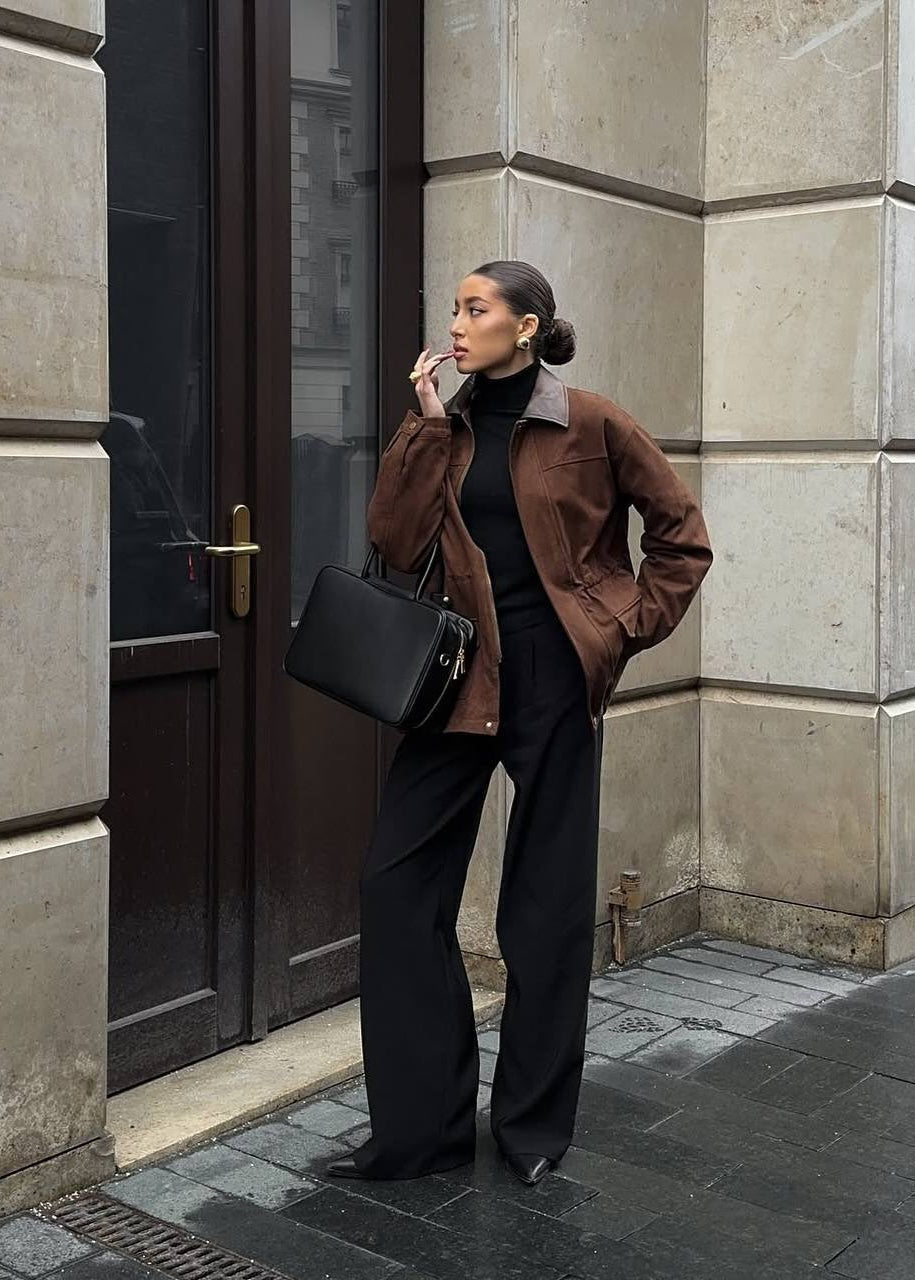 Contrast Collar Oversized Suede Jacket