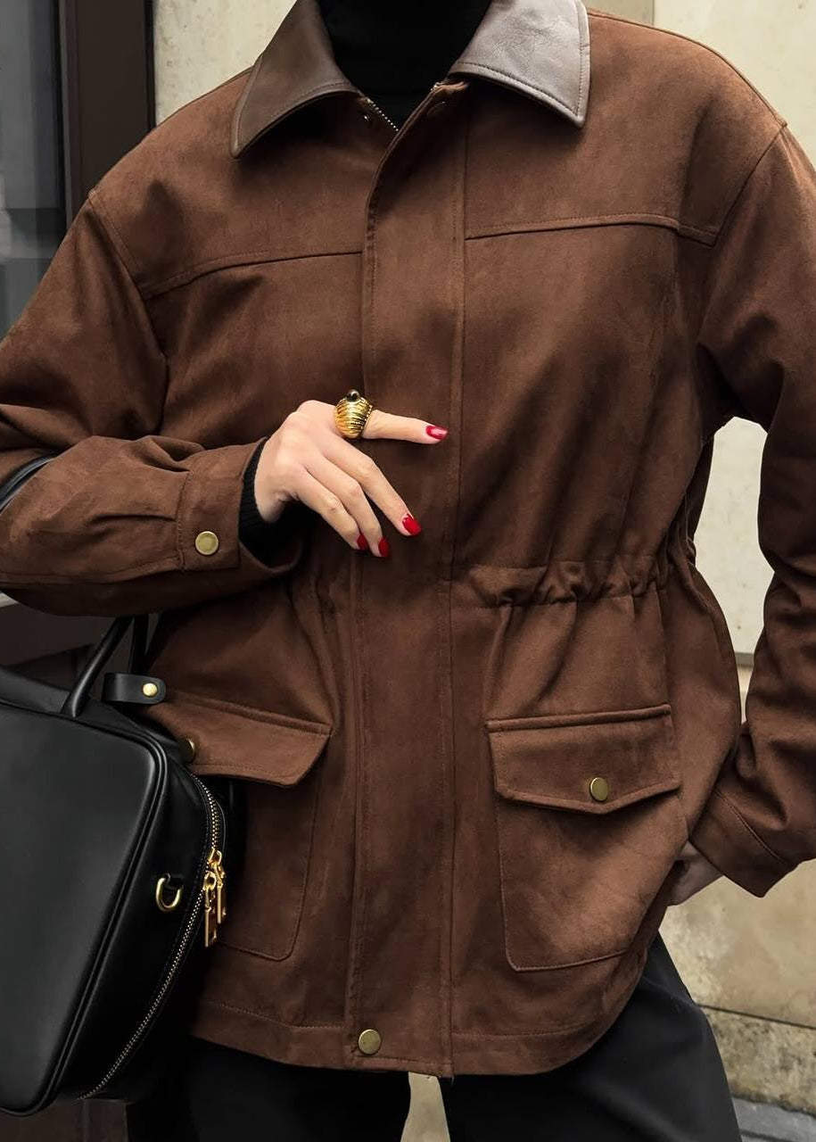 Contrast Collar Oversized Suede Jacket