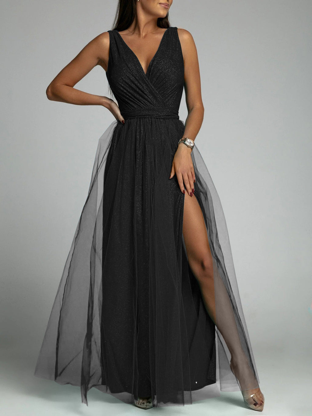 Saylor Double Slit Tulle Evening Dress