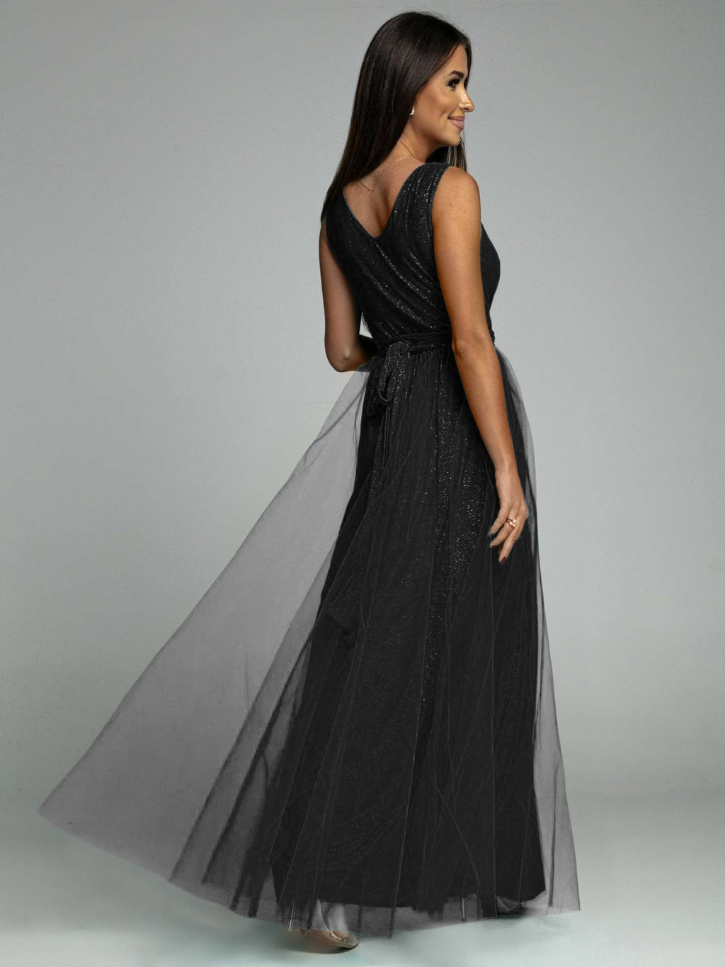 Saylor Double Slit Tulle Evening Dress
