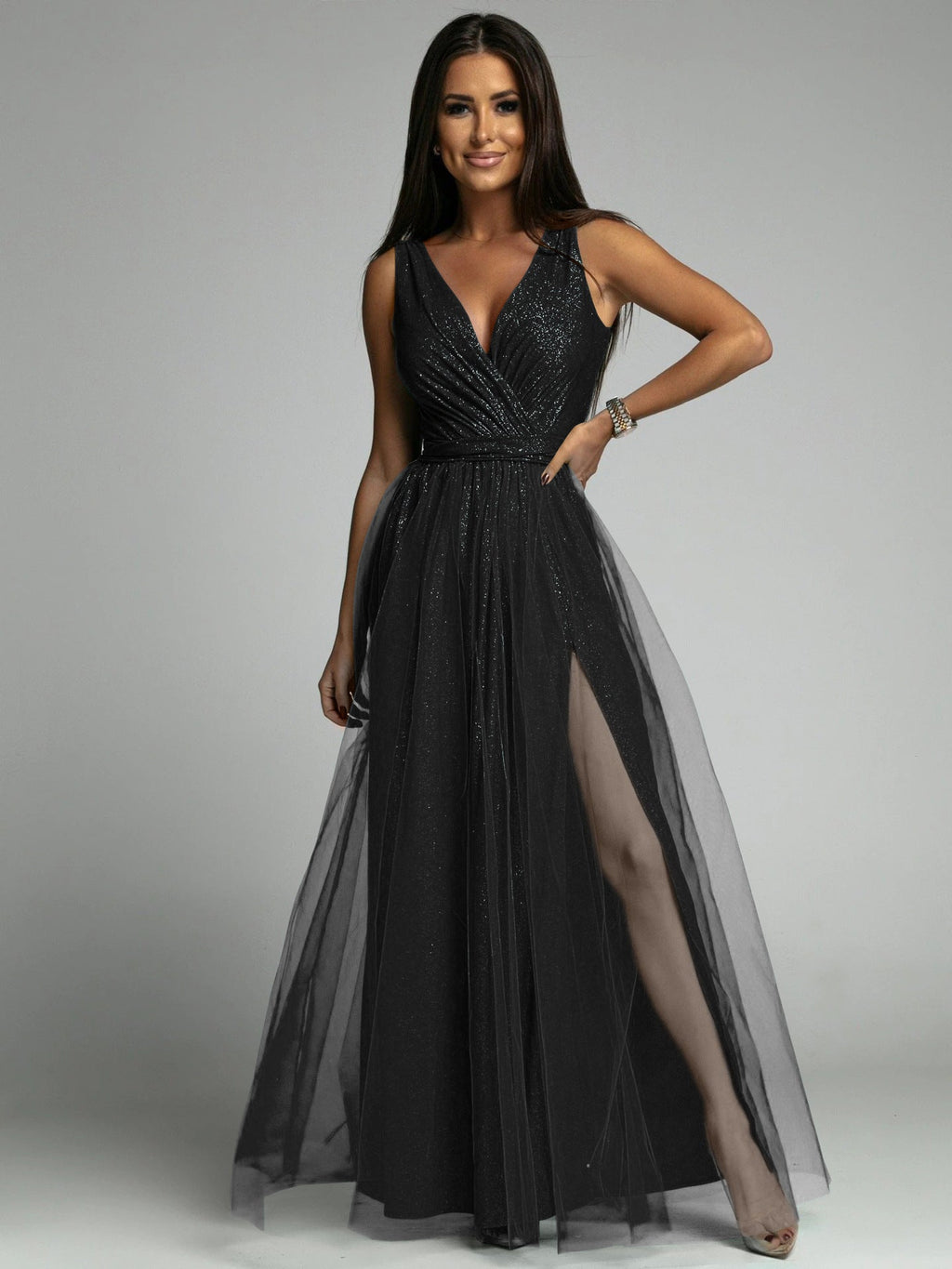 Saylor Double Slit Tulle Evening Dress