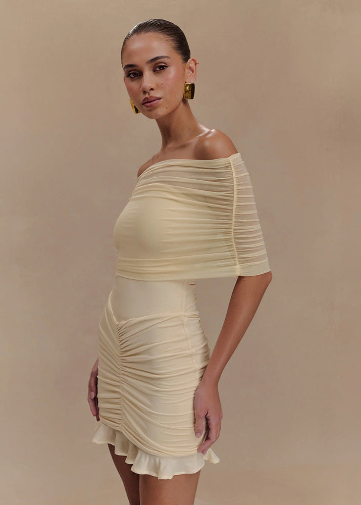 Chic Off Shoulder Ruched Mesh Mini Dress