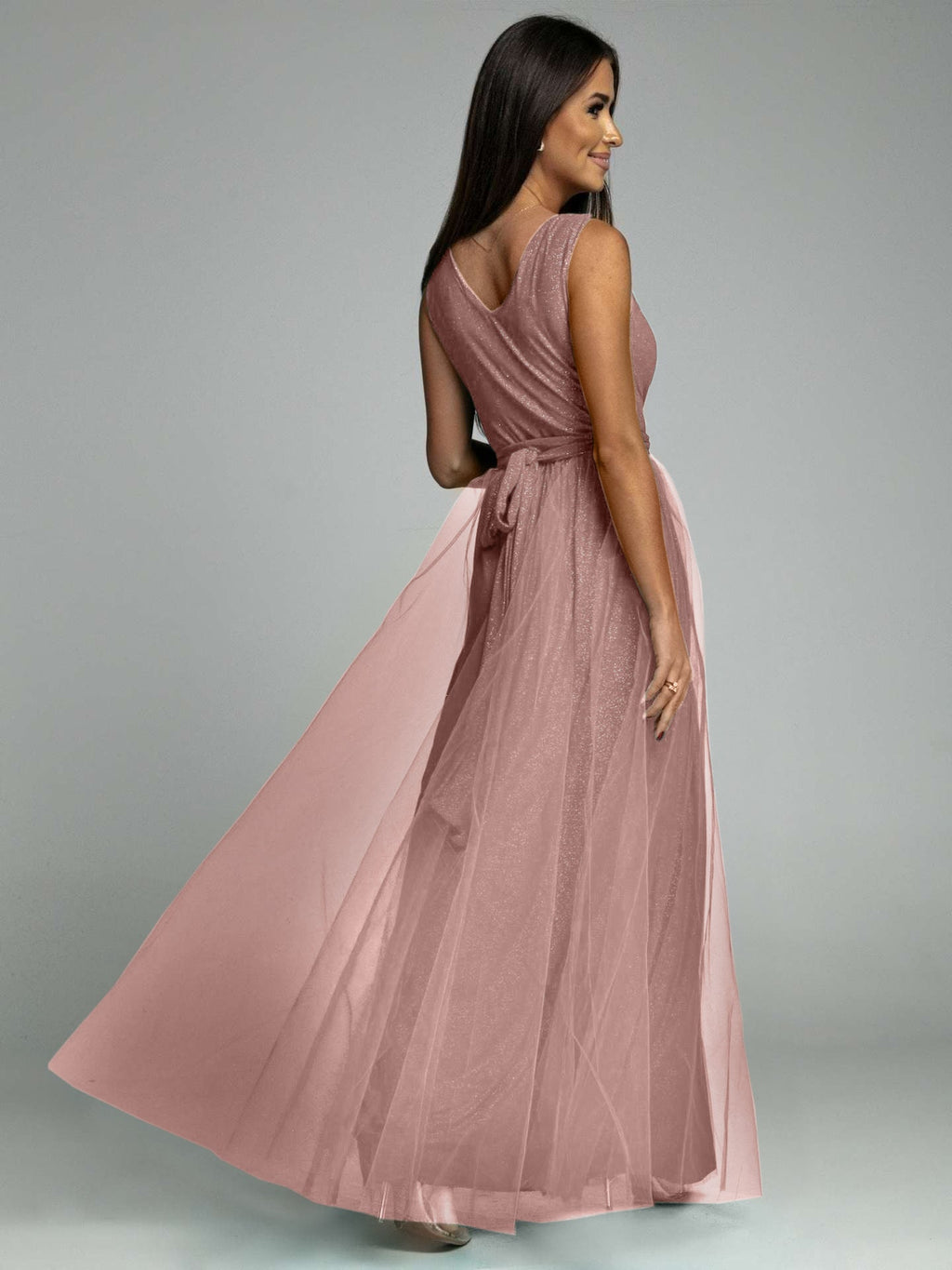 Saylor Double Slit Tulle Evening Dress